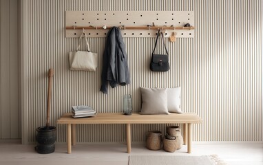 Scandinavian entryway with bench seat, peg rail wall, minimal decor, pale wood tones, soft natural shadows