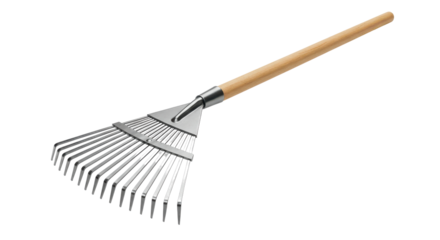 Close-up of a metal garden rake with a wooden handle on a transparent background