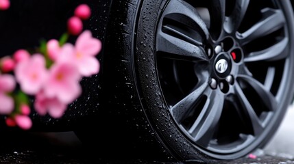 Close-up of a black alloy wheel on a car, with pink flowers in the foreground.  Wet tire and wheel