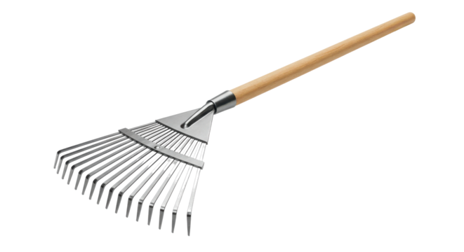 Close-up of a metal garden rake with a wooden handle on a transparent background