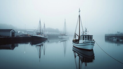 Fototapeta premium Boats rest quietly in a foggy harbor, their reflections mirroring serenity in the still, misty waters under muted light.