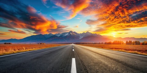 Naklejka premium Asphalt road disappearing into the distance at sunset with vibrant orange clouds and snow-capped mountains in the background