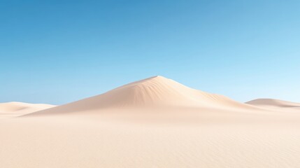 Vast desert expanse, pale sand dune under clear sky.  Gentle, rolling hills of pale sand rise to a single, peaked dune.  Bright, vibrant blue sky above, emphasizes the arid landscape