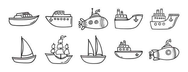 cute ship doodle hand drawn icon set. Outline drawing ships line clipart symbol collection