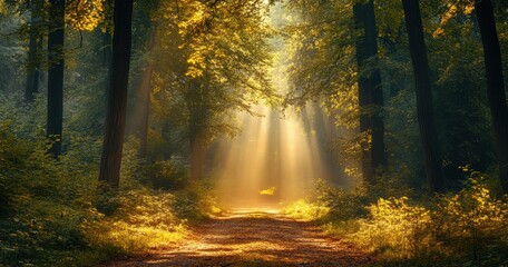 Obraz premium Sunlight filtering through trees creates enchanting forest path