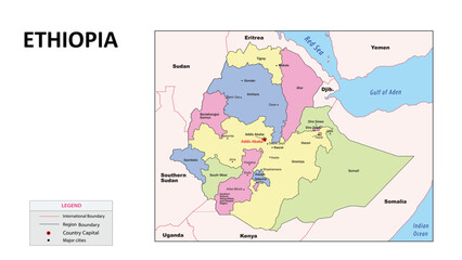Ethiopia map. Country and union territories of Ethiopia with neighbouring countries. Political map of Ethiopia with capital and important cities in Detailed.