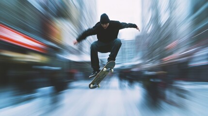 A skateboarder captures mid-air action, blurred urban backdrop enhances the thrill and energy of the jump.