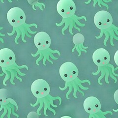 Obraz premium Cute octopuses in a minimalistic design create an inviting underwater atmosphere filled with charm and whimsy octopus, cute, minimalism, design, underwater, aquatic, charm, pattern, teal, 