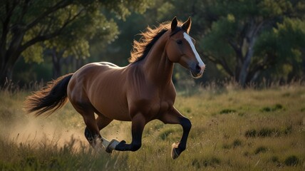 Fototapeta premium Chestnut horse running field sunset nature freedom