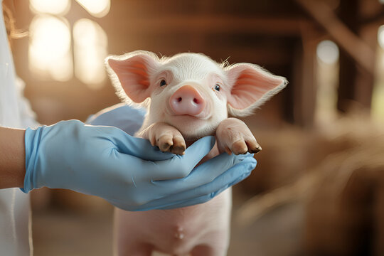 Veterinarian in blue gloves holding adorable piglet on farm - Powered by Adobe