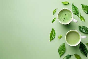 Cup of fresh matcha tea, bamboo whisk and green powder on black table, top view