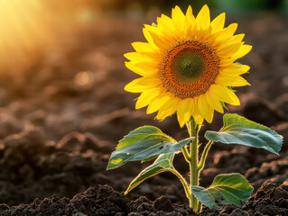 Bright sunflower blooming in a field during sunset