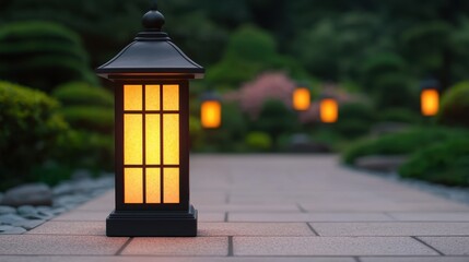 Softly glowing lanterns tranquil garden setting serene atmosphere dusk light close-up on lantern details, Realistic Photo