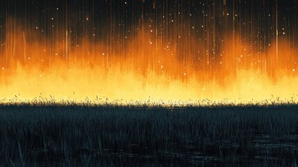 Fiery night sky above a field of grass.