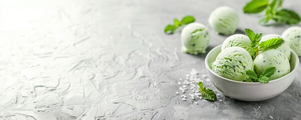 Obraz premium Banner with mint ice cream balls in a bowl with mint leaves on a background. Photo background with space for text.