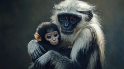 Fototapeta premium mother langur monkey protecting her baby