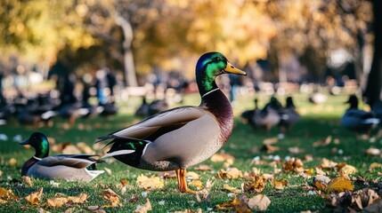 mallard duck resting gracefully on a sunny autumn day amid fallen leaves a gathering of ducks in the background enhances the park's ambiance