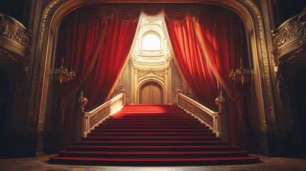 Grand staircase in opulent palace interior with red carpet, curtains, and gold detailing.