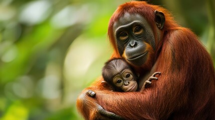 Fototapeta premium orangutan mother and baby in lush rainforest