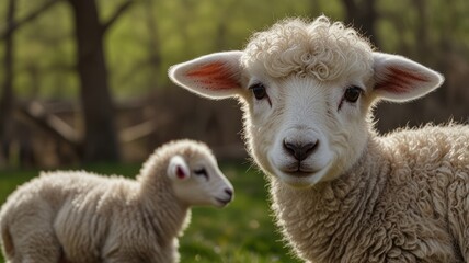 Obraz premium Lambs pasture spring sunlight, idyllic farm scene