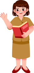 Fototapeta premium Smiling Woman in Khaki Uniform Presenting Book, Welcoming Gesture