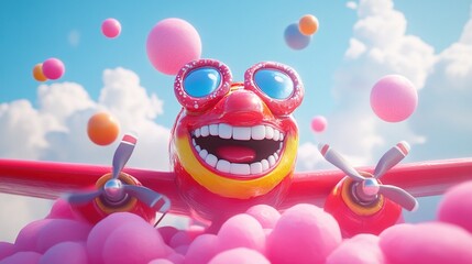 Happy cartoon plane flying in clouds with colorful balls.