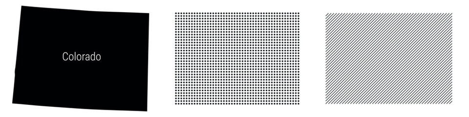 Colorado silhouette map and two patterns of dots and slanted lines. Flat vector illustration isolated on white