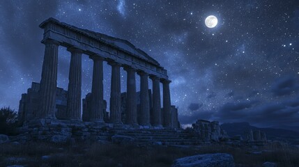 Ancient Greek temple ruins under a bright moon and starry night sky.