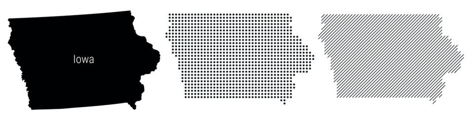 Iowa silhouette map and two patterns of dots and slanted lines. Flat vector illustration isolated on white