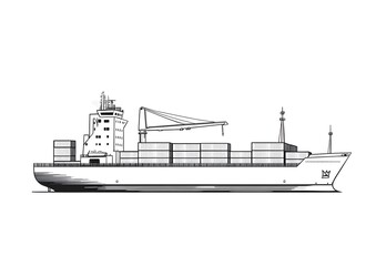 Obraz premium Black and White Line Art Cargo Ship Loaded With Containers Maritime Transport