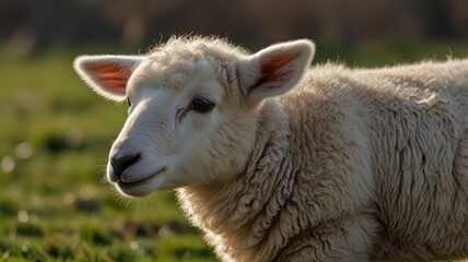 Obraz premium Lamb grazing pasture spring sunlight farm