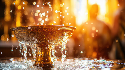 Golden baptismal font overflows with holy water du a sacred church ceremony showcasing spiritual cleansing and religious ritual in a sunlit sanctuary.