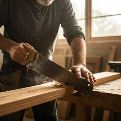 A carpenter uses a hand saw to cut wood in a sunlit workshop, with sawdust in the air and a focus on craftsmanship.