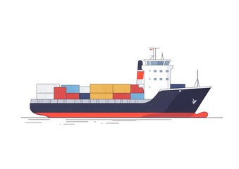Cargo Container Ship Illustration, Modern Line Art Style, Maritime Transport Vessel Design
