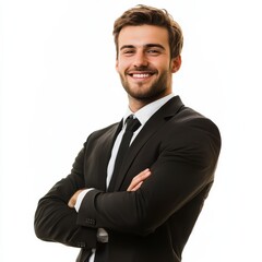 Portrait of a Smiling Confident Businessman in a Black Suit Against a White Background