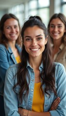 The image captures three vibrant young women, each radiating joy and confidence, standing together in a contemporary setting. Their warm smiles and casual attire create a friendly atmosphere