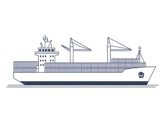 Minimalist Outline of a Cargo Ship Carrying Shipping Containers on White Background