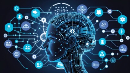 Obraz premium Ai Humanoid Connected to Digital Network for Futuristic Technology Concept