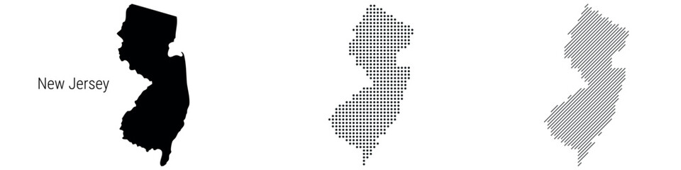 New Jersey silhouette map and two patterns of dots and slanted lines. Flat vector illustration isolated on white