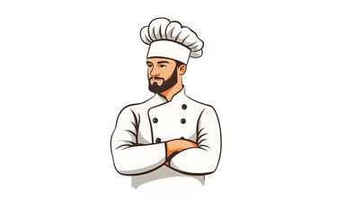 Confident Hispanic Chef Character with Crossed Arms, Beard, and Traditional Uniform