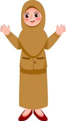 Joyful Young Woman in Mustard-Colored Hijab and Suit, Hands Raised