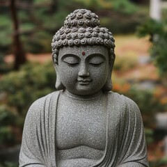 Serene Gray Stone Buddha Statue in a Tranquil Garden Setting
