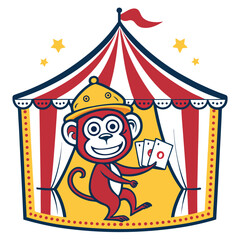 Design a bold, vector illustration of a mischievous joker monkey wearing a playful hat, using strong, contrasting colors and thick lines.