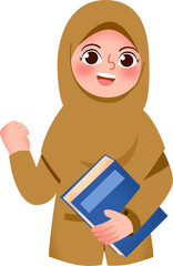 Cheerful Girl in Hijab Holding Book, Excited Expression