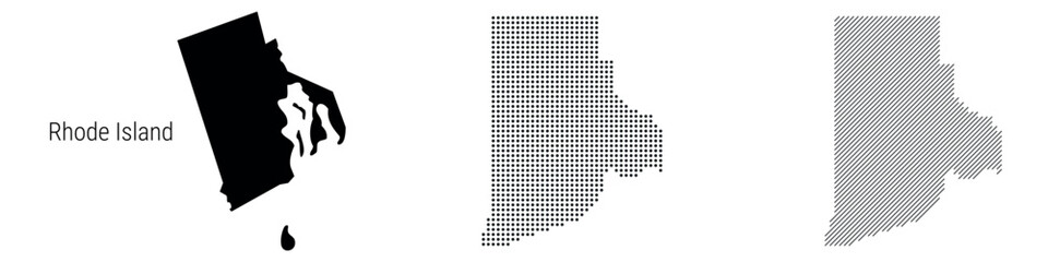 Rhode Island silhouette map and two patterns of dots and slanted lines. Flat vector illustration isolated on white