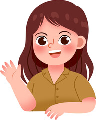 Cheerful Girl with Brown Hair Waving Hello, Cartoon Illustration