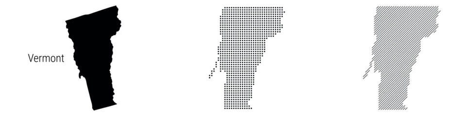 Vermont silhouette map and two patterns of dots and slanted lines. Flat vector illustration isolated on white