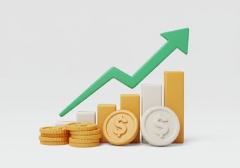 Green arrow pointing up with coins and bar graph display isolated on white background