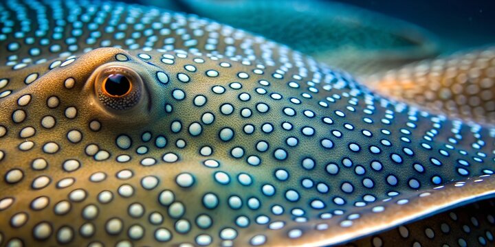 Extreme close up of a stingray showcasing smooth dotted skin in vibrant underwater habitat i, stingray, underwater, close, marine, life, ocean, texture, dotted, skin, nature, a