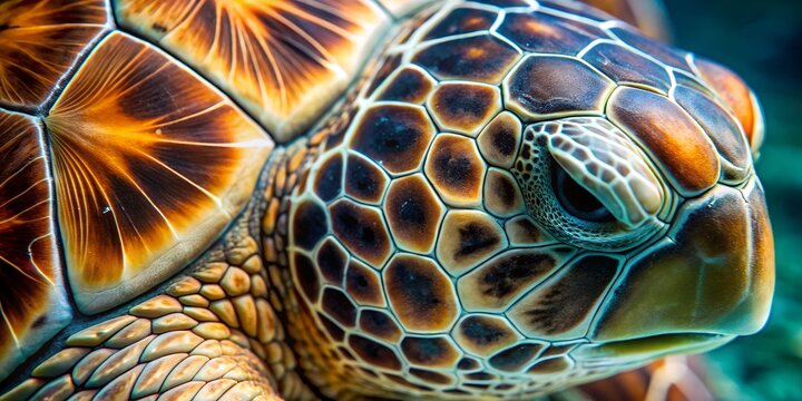 Close up view of a sea turtle's ancient cracked shell reveals intricate patterns and textures  sea, turtle, close, shell, texture, ocean, marine, life, underwater, wildlife, nature, patterns,